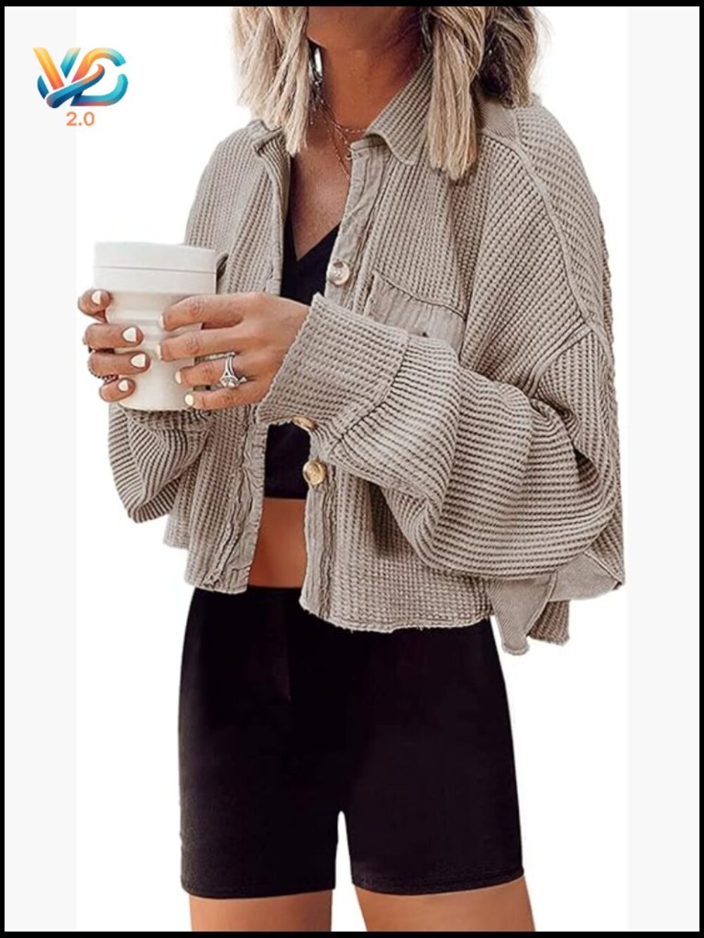 Cropped Button Down Waffle Knit Shacket Batwing Sleeve Jacket with Pockets - Picture 1 of 6